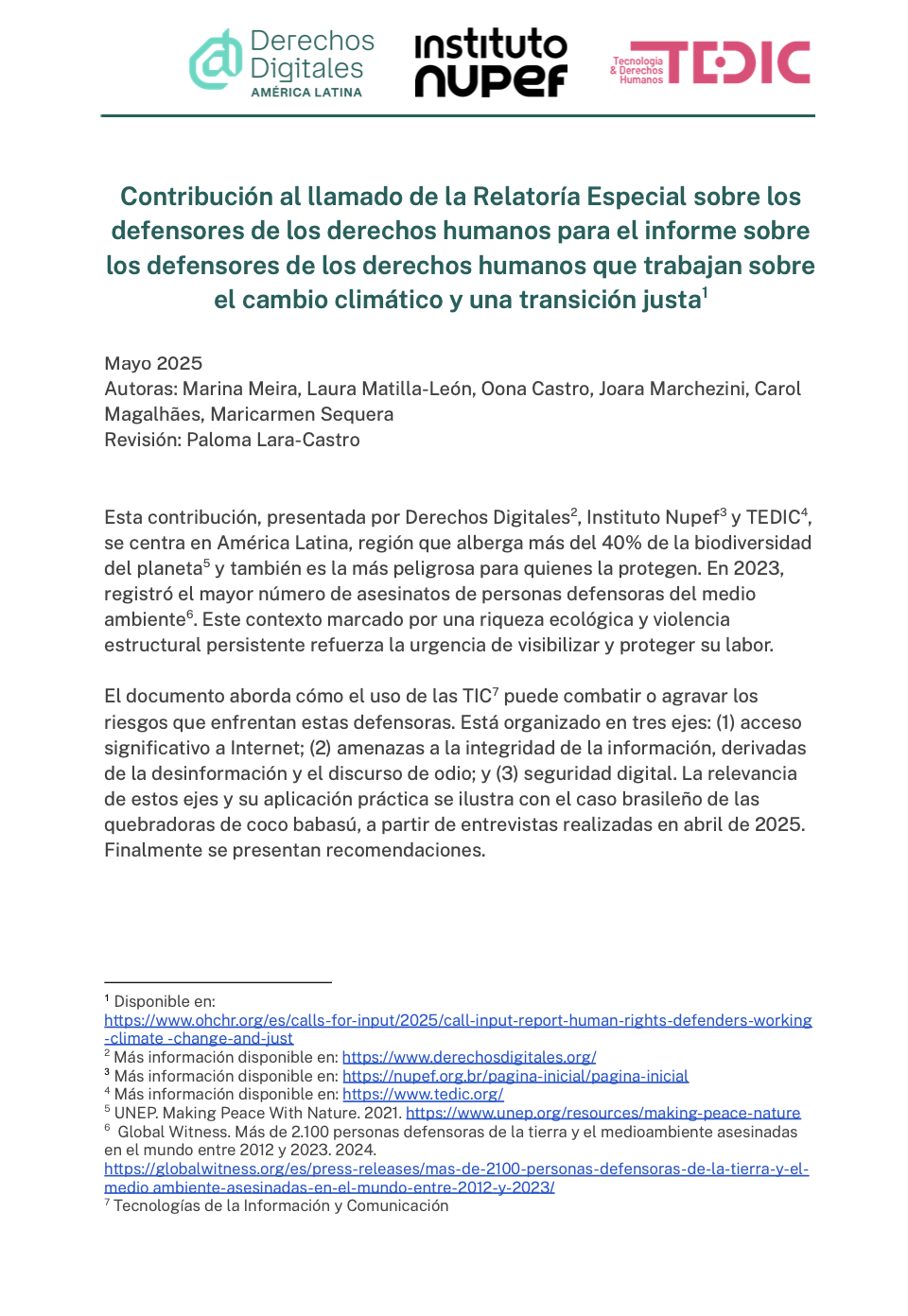Contribución al informe sobre los defensores de los derechos humanos que trabajan sobre el cambio climático y una transición justa